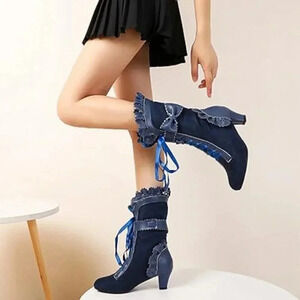 Mid Calf Women boots Mid Heels Lace Up Victorian style blue boots